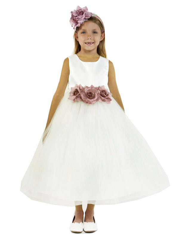 Kids Dream Big Girls Ivory Dusty Rose Floral Satin Junior Bridesmaid Dress 8-14 - SophiasStyle.com