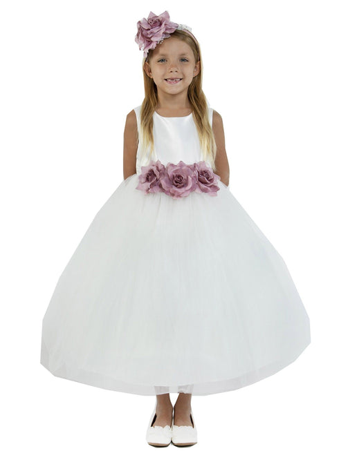 Kids Dream Big Girls White Dusty Rose Floral Satin Junior Bridesmaid Dress 8-14 - SophiasStyle.com