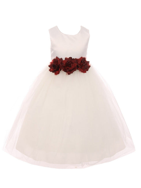 Kids Dream Little Girls Ivory Burgundy Floral Satin Flower Girl Dress 2-6 - SophiasStyle.com
