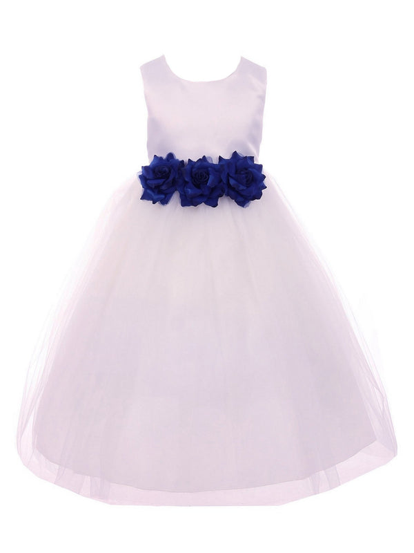 Kids Dream Little Girls White Navy Floral Satin Flower Girl Dress 2-6 - SophiasStyle.com