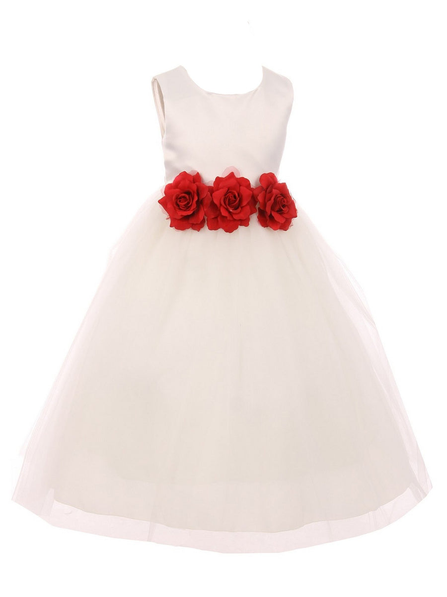 Little Girls Ivory Red Floral Satin Flower Girl Dress 2-6  SophiasStyle.com