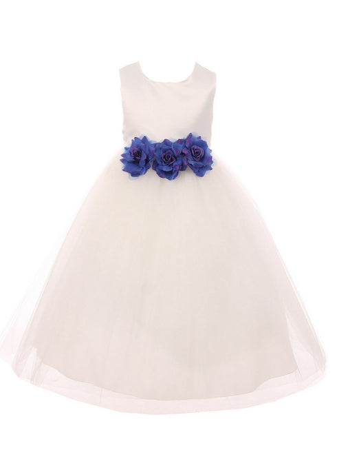 Kids Dream Big Girls Ivory Royal Blue Floral Satin Junior Bridesmaid Dress 8-14 - SophiasStyle.com