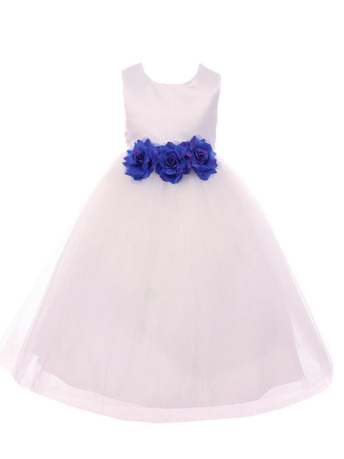 Kids Dream Little Girls White Royal Blue Floral Satin Flower Girl Dress 2-6 - SophiasStyle.com