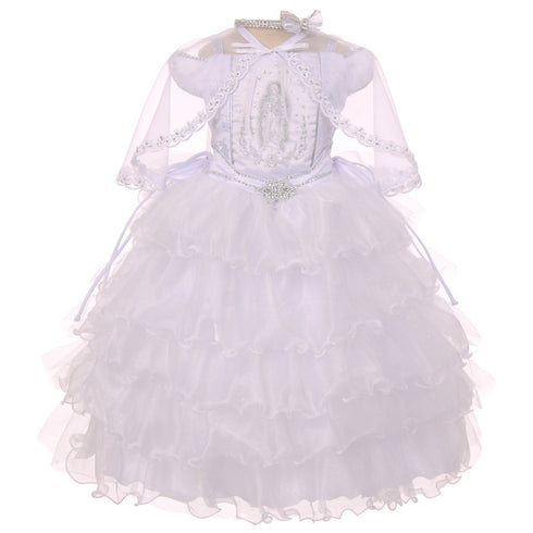 Rainkids Little Girls White Ruffles Virgin Mary Embroidery Baptism Dress 2-6 - SophiasStyle.com