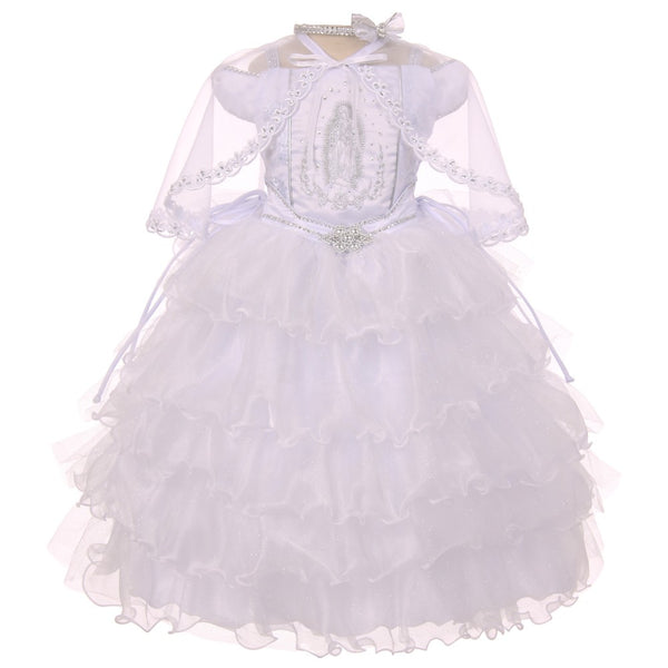 Rainkids Little Girls White Ruffles Virgin Mary Embroidery Baptism Dress 2-6 - SophiasStyle.com
