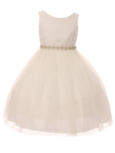 Big Girls Off-White Lace Tulle Rhinestone Trim Junior Bridesmaid Dress 8-12 - SophiasStyle.com
