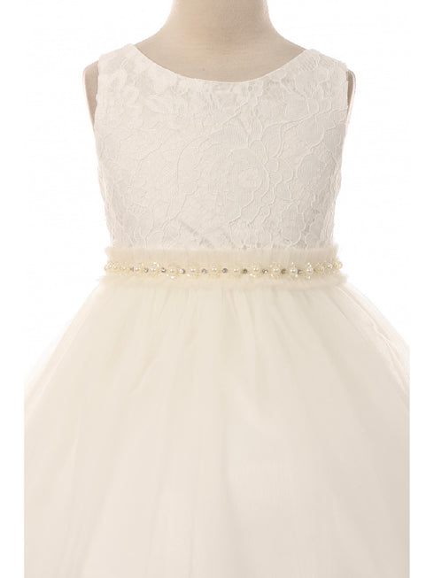 Big Girls Off-White Lace Tulle Pearl Trim Junior Bridesmaid Dress 8-12 - SophiasStyle.com