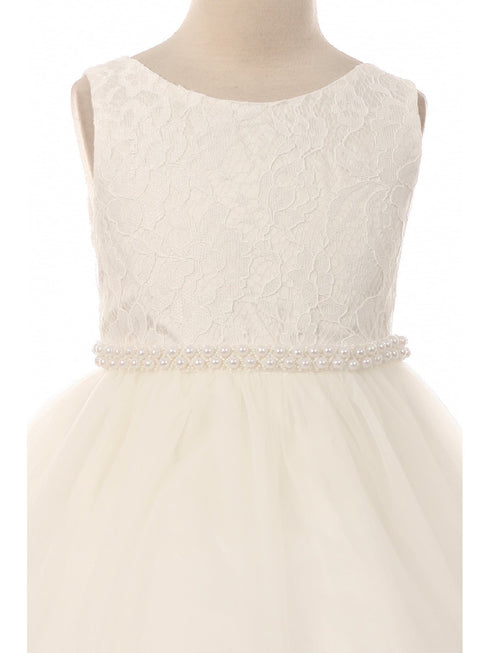 Big Girls Off-White Tulle Thick Pearl Trim Junior Bridesmaid Dress 8-12 - SophiasStyle.com