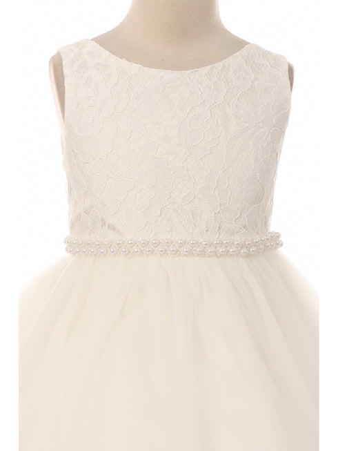 Big Girls Off-White Tulle Thick Pearl Trim Junior Bridesmaid Dress 8-12 - SophiasStyle.com