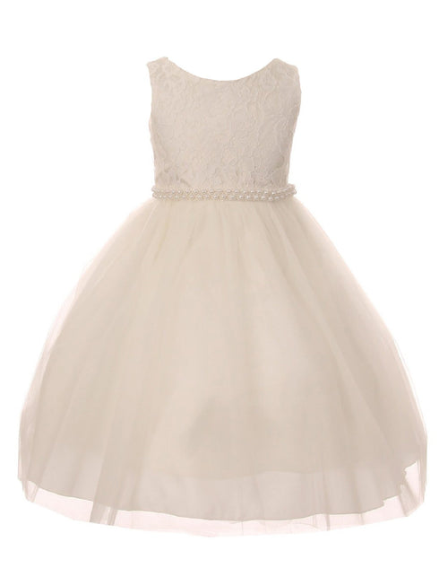 Big Girls Off-White Tulle Thick Pearl Trim Junior Bridesmaid Dress 8-12 - SophiasStyle.com