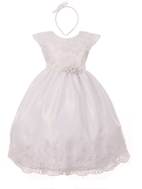Rain Kids Little Girls White Hand Beaded Allover Lace Applique Baptism Dress 2-6 - SophiasStyle.com