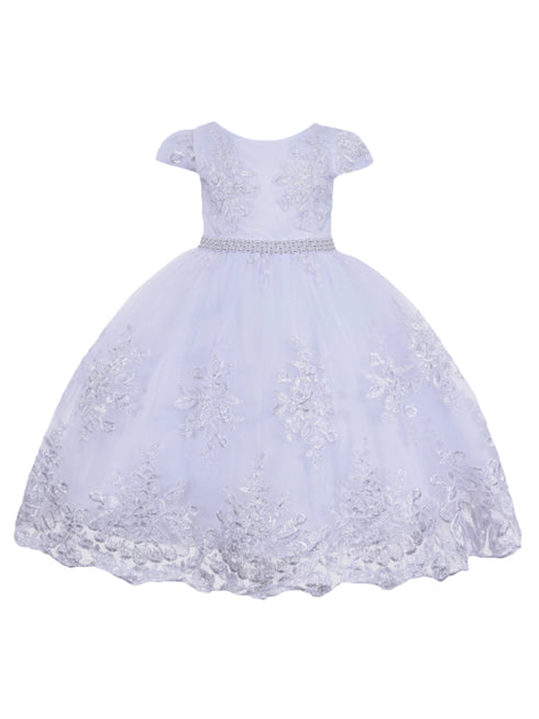 Little Girls White Lace Cape Sleeve Pearl Waist Flower Girl Dress 2-6 - SophiasStyle.com
