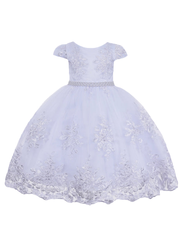 Little Girls White Lace Cape Sleeve Pearl Waist Flower Girl Dress 2-6 - SophiasStyle.com