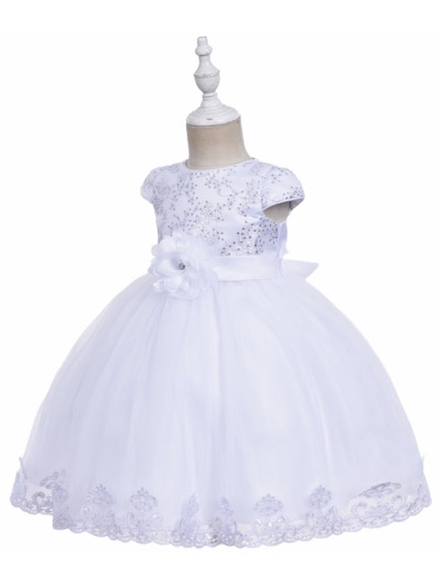 Baby Girls White Rhinestone Floral Lace Cape Sleeve Flower Girl Dress 3-12Months - SophiasStyle.com