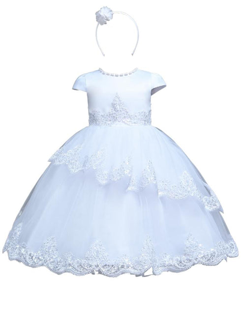 Rain Kids Girls Sequin Beaded Lace Christening Dress with Pearl Accents and Matching Headband Sizes 6M-6T - SophiasStyle.com