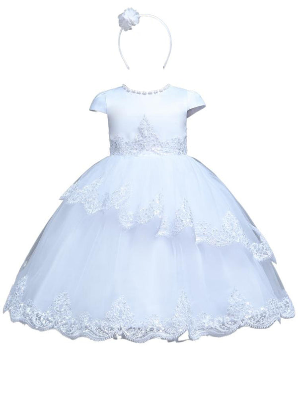 Rain Kids Girls Sequin Beaded Lace Christening Dress with Pearl Accents and Matching Headband Sizes 6M-6T - SophiasStyle.com