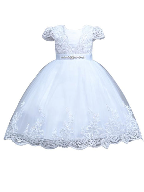 Rain Kids Girl Sequin Beaded Lace Christening Dress with Waist Tie and Matching Headband Sizes 6M-6T - SophiasStyle.com