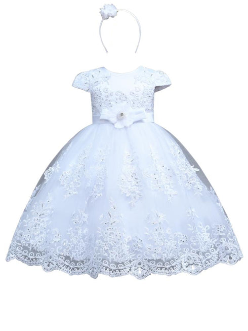 Rain Kids Girls Sequin Beaded Lace Cap Sleeves Dress with Matching Headband Sizes 6M-6T - SophiasStyle.com