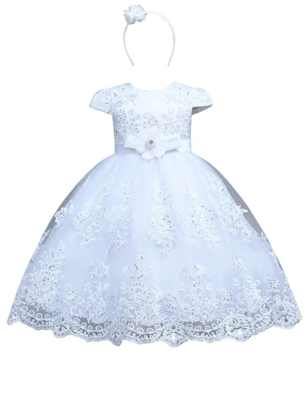 Rain Kids Girls Sequin Beaded Lace Cap Sleeves Dress with Matching Headband Sizes 6M-6T - SophiasStyle.com