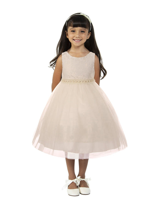 Big Girls Off-White Lace Tulle Pearl Trim Junior Bridesmaid Dress 8-12 - SophiasStyle.com