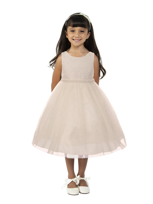 Big Girls Off-White Tulle Thick Pearl Trim Junior Bridesmaid Dress 8-12 - SophiasStyle.com