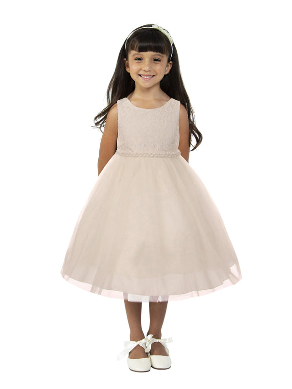 Big Girls Off-White Tulle Thick Pearl Trim Junior Bridesmaid Dress 8-12 - SophiasStyle.com