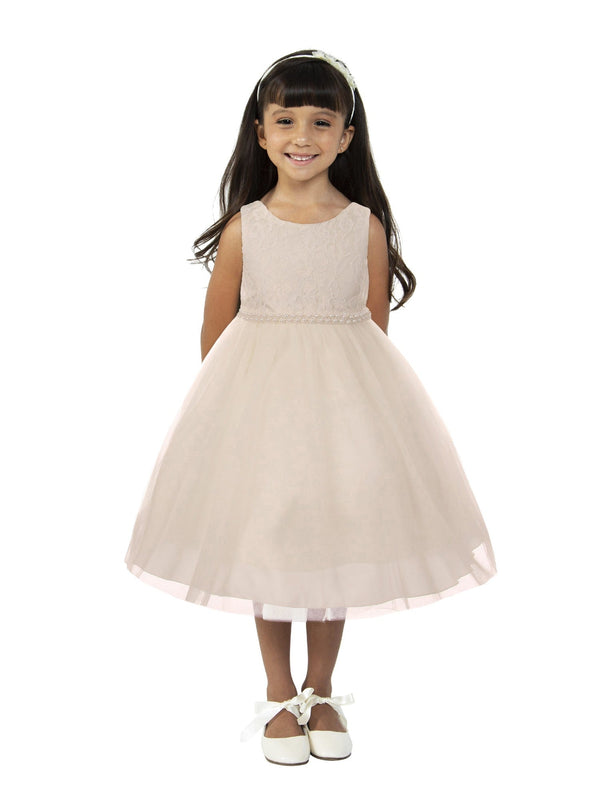 Big Girls Off-White Tulle Thick Pearl Trim Junior Bridesmaid Dress 8-12 - SophiasStyle.com