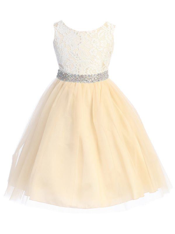 Big Girls Champagne Lace Thick Crystal Belt Junior Bridesmaid Dress 8-12 - SophiasStyle.com
