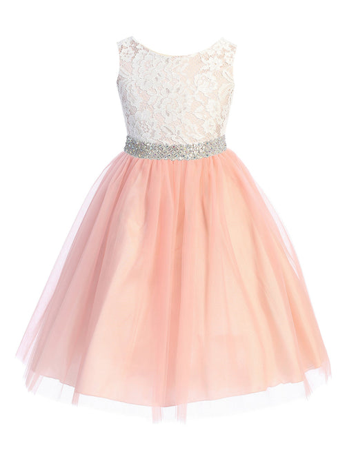Big Girls Rose Lace Thick Crystal Belt Junior Bridesmaid Dress 8-12 - SophiasStyle.com