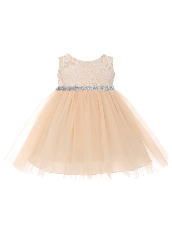 Kids Dream Baby Girls Champagne Lace Tulle Rhinestone Flower Girls Dress 6-24M - SophiasStyle.com