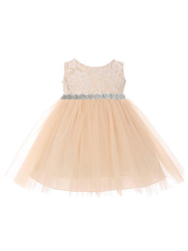 Kids Dream Baby Girls Champagne Lace Tulle Rhinestone Flower Girls Dress 6-24M - SophiasStyle.com
