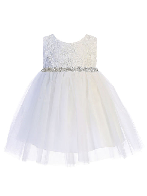 Kids Dream Baby Girls White Lace Tulle Rhinestone Flower Girls Dress 6-24M - SophiasStyle.com
