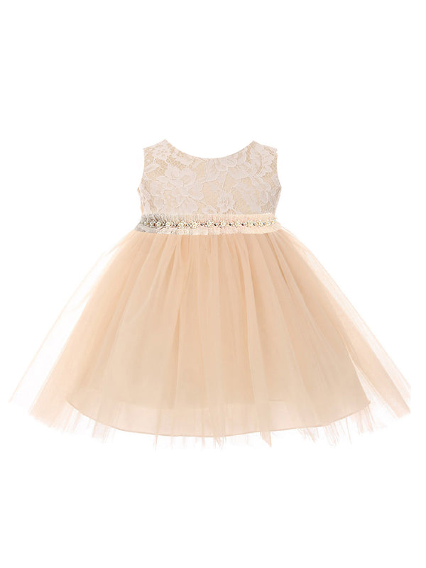 Baby Girls Champagne Lace Tulle Pearl Mesh Trim Flower Girls Dress 6-24M - SophiasStyle.com