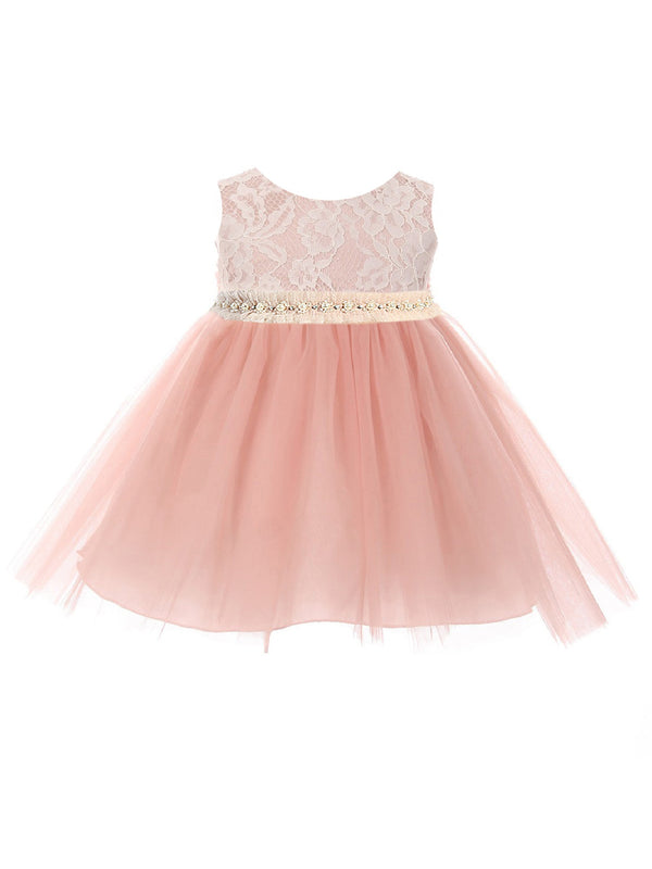 Baby Girls Rose Lace Tulle Pearl Mesh Trim Flower Girls Dress 6-24M - SophiasStyle.com
