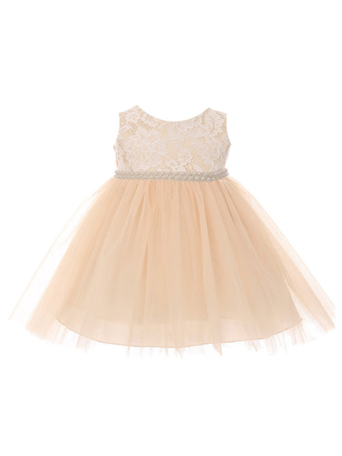 Baby Girls Champagne Lace Tulle Thick Pearl Trim Flower Girls Dress 6-24M - SophiasStyle.com