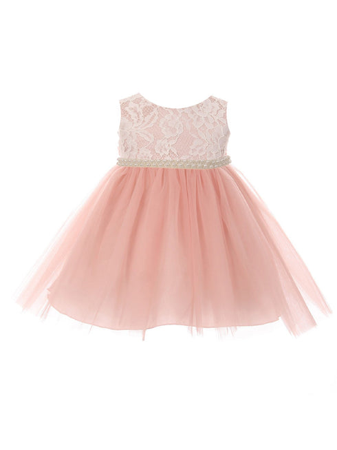 Baby Girls Rose Lace Tulle Thick Pearl Trim Flower Girls Dress 6-24M - SophiasStyle.com