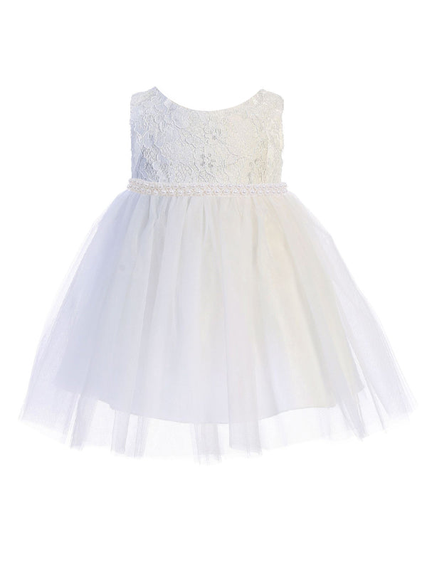 Baby Girls White Lace Tulle Thick Pearl Trim Flower Girls Dress 6-24M - SophiasStyle.com