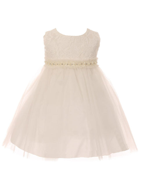 Kids Dream Baby Girls Off-White Lace Tulle Pearl Trim Flower Girl Dress 6-24M - SophiasStyle.com