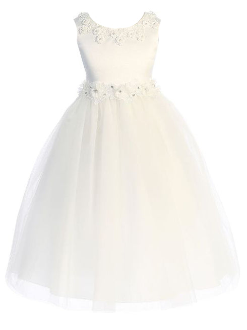 Kids Dream Big Girls Off-White Pearl Floral Applique Princess Ballgown Dress 8-14 - SophiasStyle.com