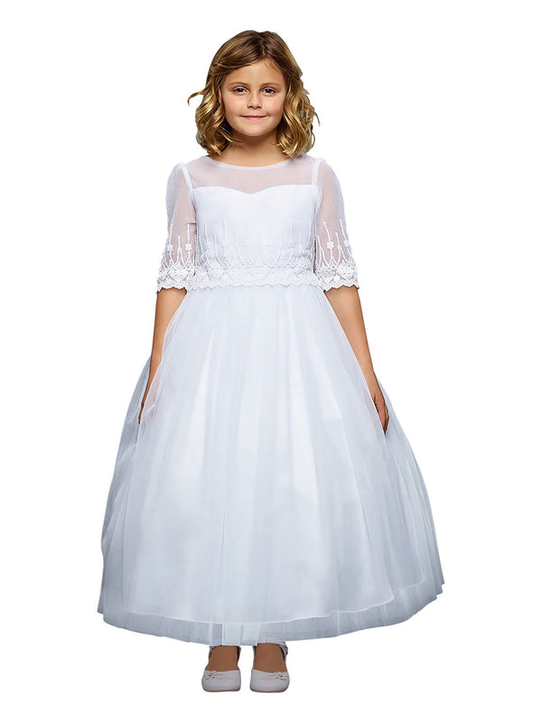Kids Dream Big Girls White Floral Mesh Multi Layer Communion Dress 8-14 - SophiasStyle.com