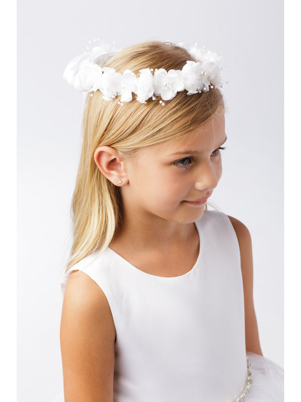 Girls White Silk Flower Pearl Cluster Rosettes Special Occasion Hair Wreath - SophiasStyle.com