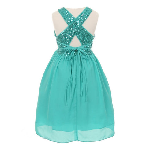 Cinderella Couture Little Girls Jade Dazzling Sequin X Back Pleated Dress 8-14 - SophiasStyle.com
