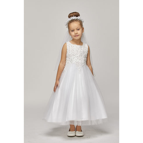Little Girls White Sparkle Pearl Sequin Satin Tulle Flower Girl Dress 4-6 - SophiasStyle.com