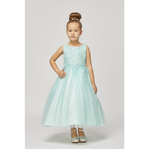 Big Girls Mint Sparkle Pearl Sequin Satin Tulle Junior Bridesmaid Dress 8-12 - SophiasStyle.com