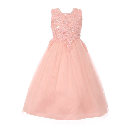 Big Girls Blush Pink Pearl Sequin Tulle Satin Junior Bridesmaid Dress 8-16 - SophiasStyle.com