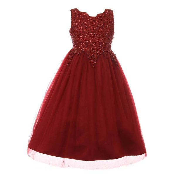 Big Girls Burgundy Pearl Sequin Tulle Satin Junior Bridesmaid Dress 8-16 - SophiasStyle.com