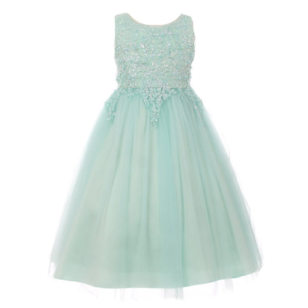 Little Girls Mint Sparkle Pearl Sequin Satin Tulle Flower Girl Dress 4-6 - SophiasStyle.com