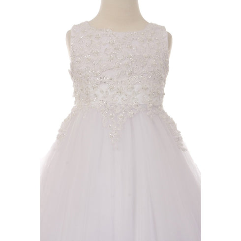 Little Girls White Sparkle Pearl Sequin Satin Tulle Flower Girl Dress 4-6 - SophiasStyle.com