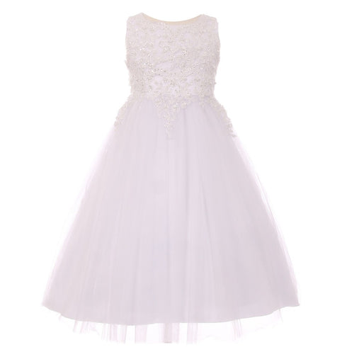 Little Girls White Sparkle Pearl Sequin Satin Tulle Flower Girl Dress 4-6 - SophiasStyle.com