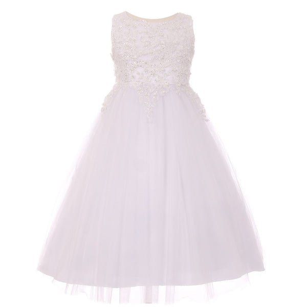 Little Girls White Sparkle Pearl Sequin Satin Tulle Flower Girl Dress 4-6 - SophiasStyle.com